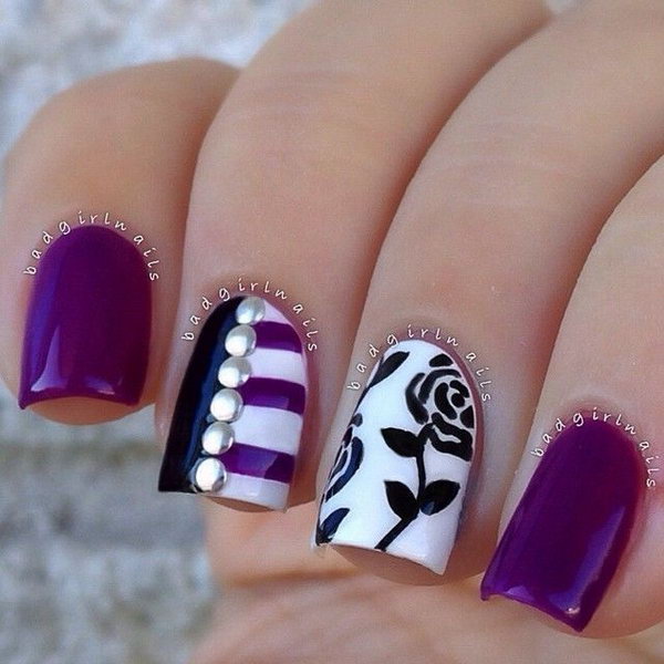Eye-catching Floral with an Edge Purple Nails. 