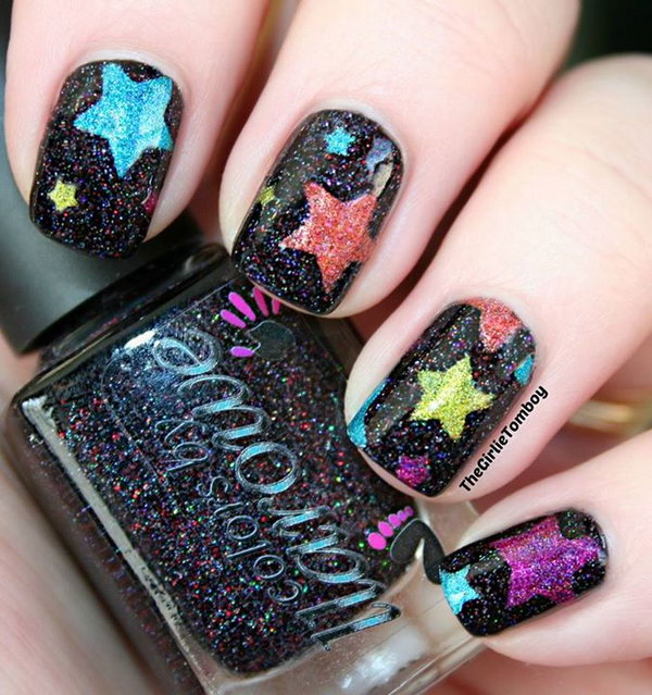 Spring Color Star Nails with Glitter. This is all sorts of perfect! I love it, so clever! :)