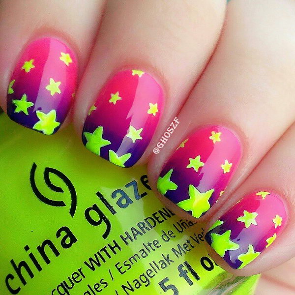 Pink Nail With Nite Green Stars. This is all sorts of perfect! I love it, so clever! :)