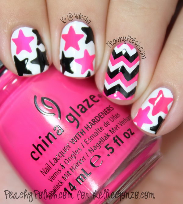 Pink, Black and White Star Nails. This is all sorts of perfect! I love it, so clever! :)