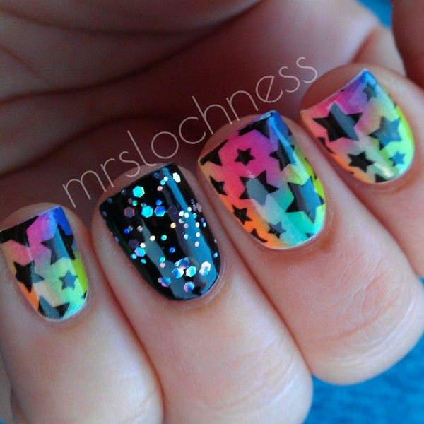 Rainbow Nails with Black Stars. This is all sorts of perfect! I love it, so clever! :)