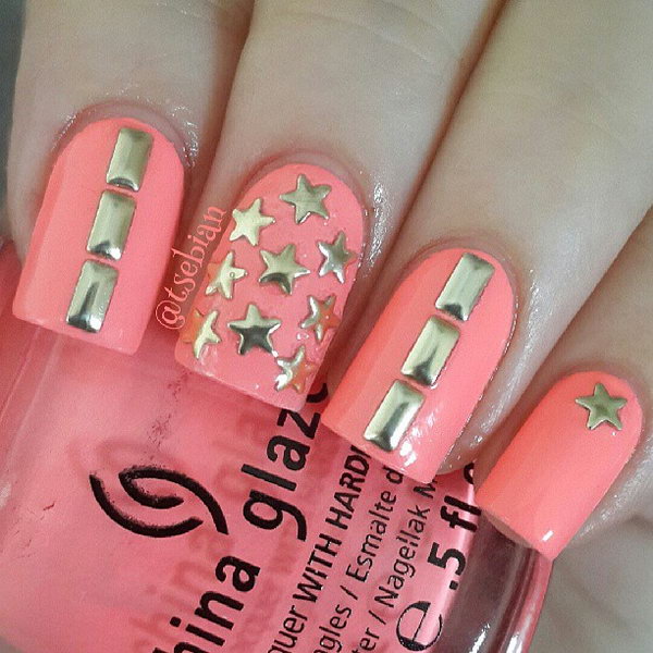 Studded Gold Star Nail Art. This is all sorts of perfect! I love it, so clever! :)