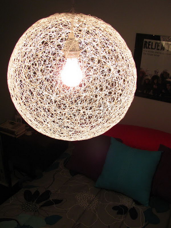 DIY String Chandelier from a Bouncy Ball and Yarn. 