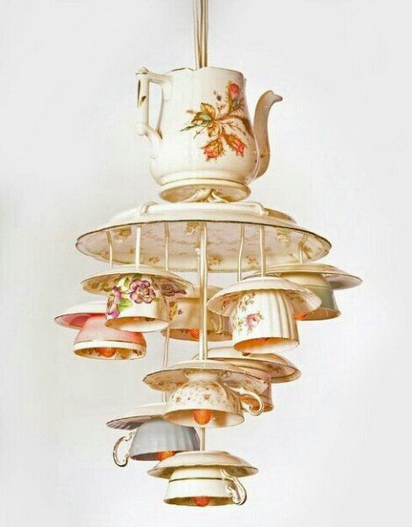 Antique Pendant Lights Made from Recycling Tea Cups and Tea Pots. 