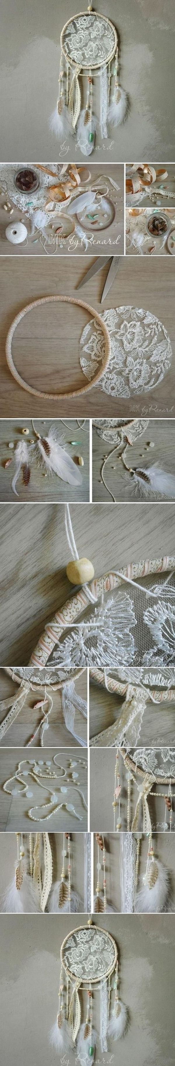 DIY Lace and Feather Dream Catcher. 