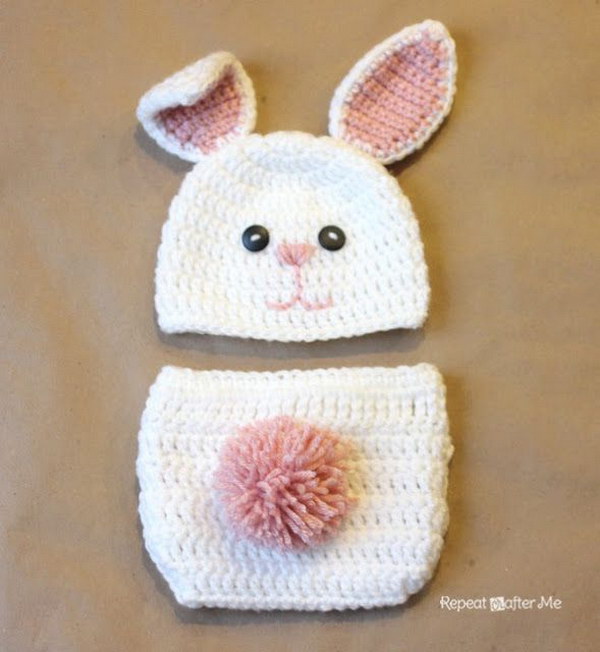 Crochet Fuzzy Baby Bunny Outfit. 