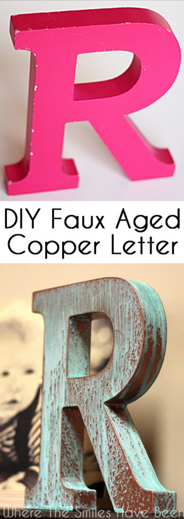 DIY Faux Copper Letter Aged with Blue Patina 