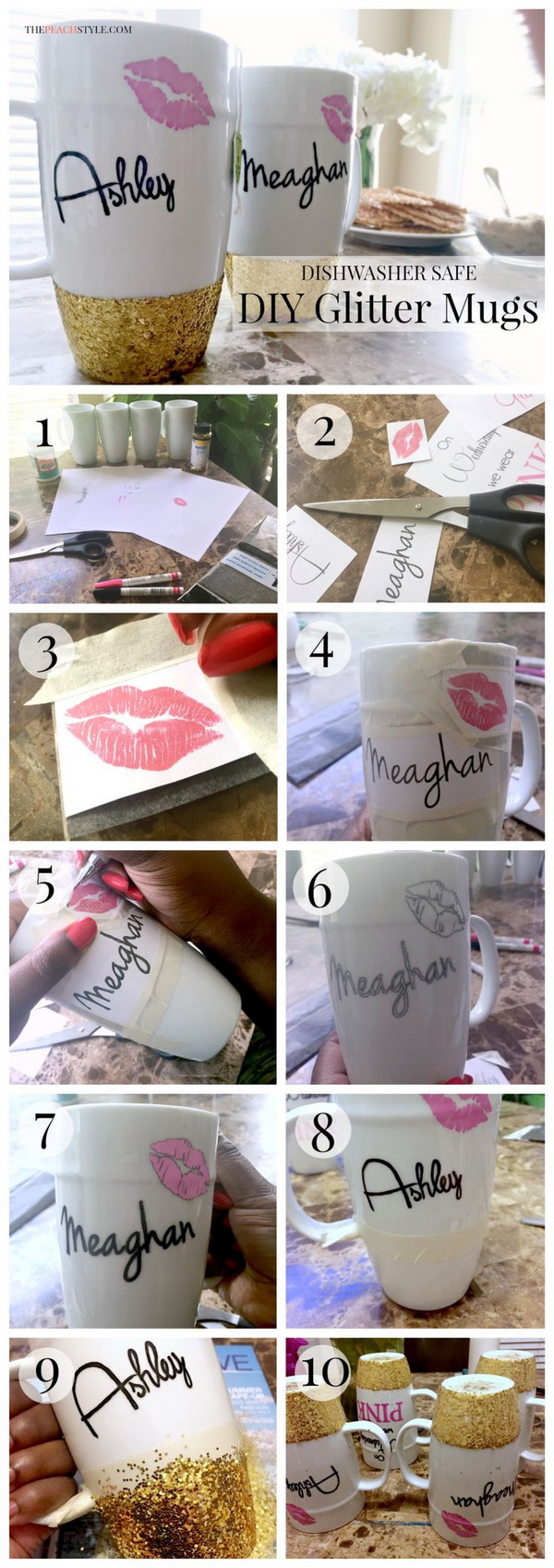 Personalized Glitter Dipped Mugs with Names and a Cute Pair of Lips. 