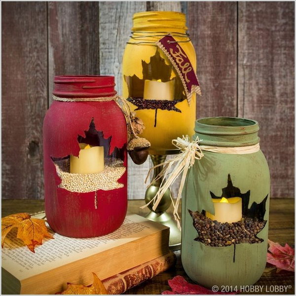 Maple Leaf Mason Jar Candle Holders. 