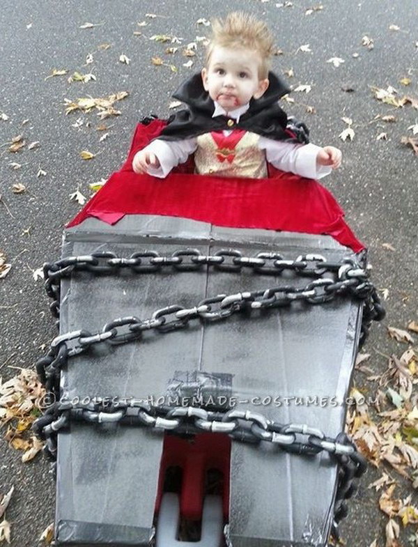 Coolest Vampire Costume with Coffin Wagon. You can also add some plastic chains on top of the wagon for appeal!