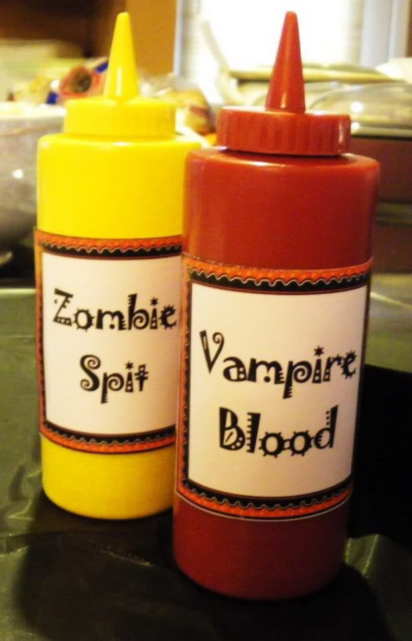 Halloween Zombie Spit and Vampire Blood. Pop any healthy sauce into these bottles and the kids will have fun while eating.