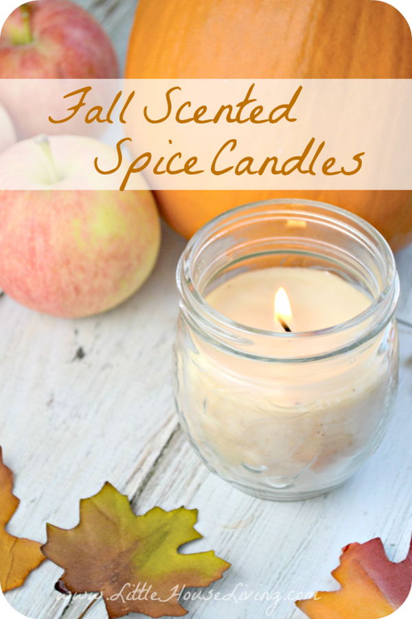 Spiced Candles for Fall. You can make this lovely fall spiced candles with things already in your kitchen, without using artificial fragrances or purchasing anything extra.  They are perfect for filling your house with yummy smells! Get the recipes and tutorials via 