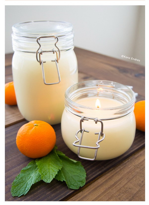 DIY Orange Mint Coconut Wax Candle. Add the great fragrance of orange, mint and coconut to your space with these beautiful candles. 