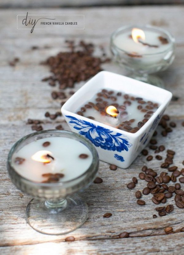 DIY French Vanilla and Coffee Candle. These beautiful DIY candles are made with coffee and vanilla beans. Love the natural smell of these. Your home will be warm and homey with these candles. 