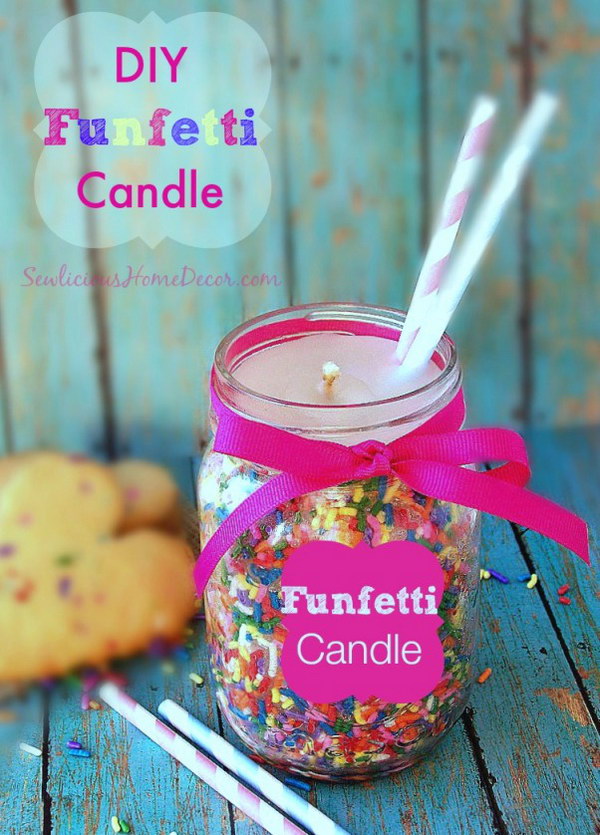 DIY Funfetti Candles Made from Candy Sprinkles. These DIY funfetti candles are pretty easy to make using candle wax and candy sprinkles. You can buy the supplies at most craft stores. They make great gifts. 