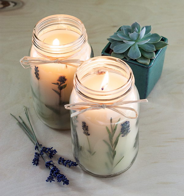DIY Pressed Herb Candles. Made with lavender and chocolate mint.  A great way to keep fresh herbs safe for the rest of the year. 