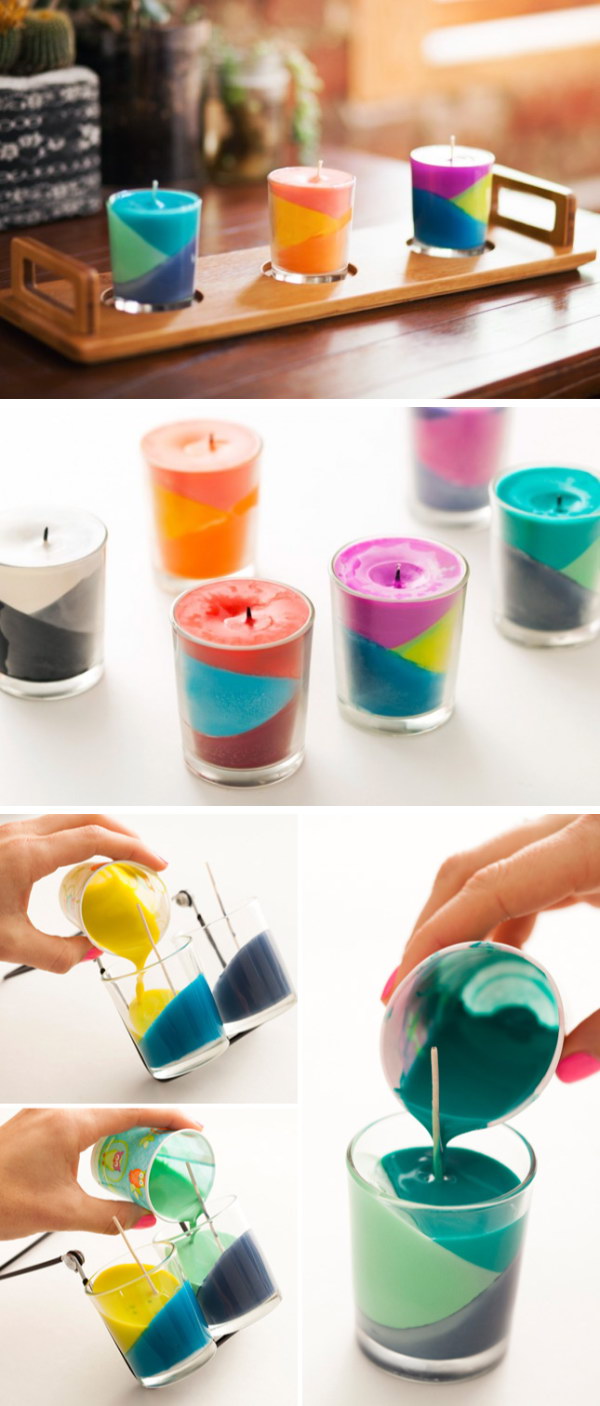 Color Block Crayon Candles. Using old crayons on hand to create this lovely and fun block candles for your home. You can ask your kids to help you. They will have great fun to stir crayons with wax.  