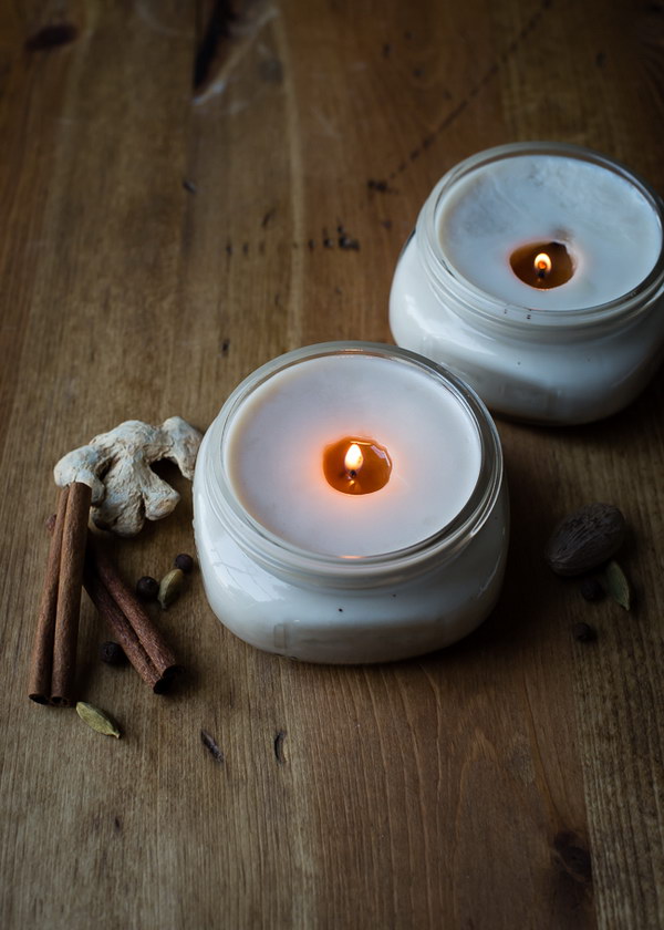 DIY Pretty Chai Candles in Canning Jars. These DIY chai candles in canning jars are a pretty, natural way to bring some autumn cheer inside. They are delicately scented with baking spices – ginger, cardamom, cinnamon and nutmeg – that will warm your home. 