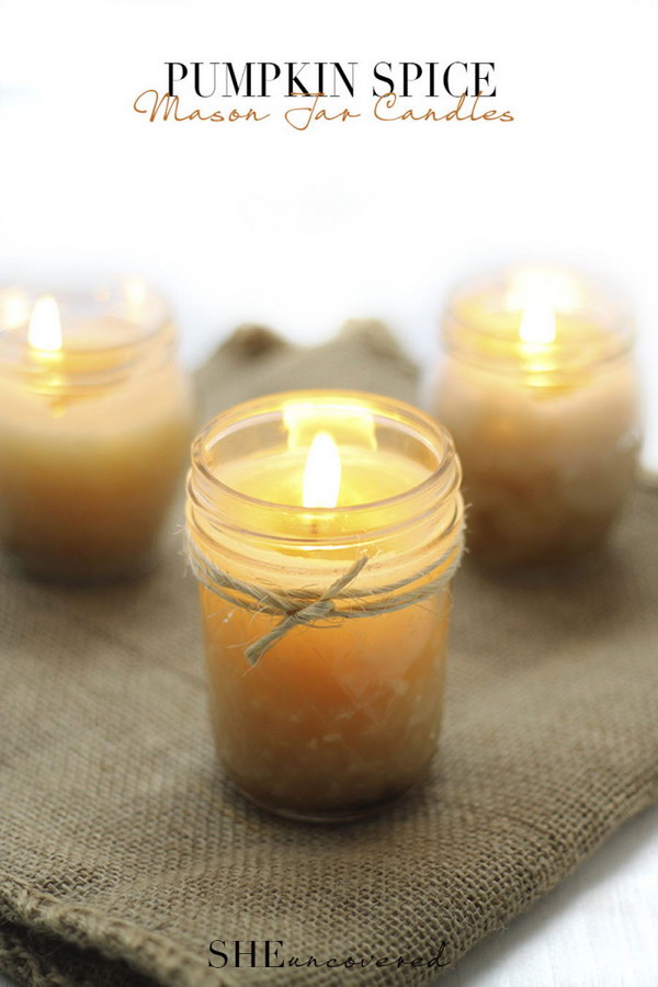Pumpkin Spice Mason Jar Candles. Another fun homemade candle product for you to check out. This candle was made with pumpkin spice, which makes your home smell wonderful.