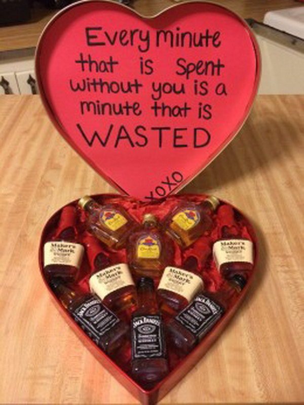 Liquor in a Heart. Put his favorite liquors inside a heart shaped tin chocolate box and pop with a sweet note. A simple but creative and warm gift for your darling.