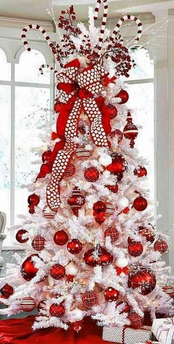 White Christmas Tree with Red Decorations 