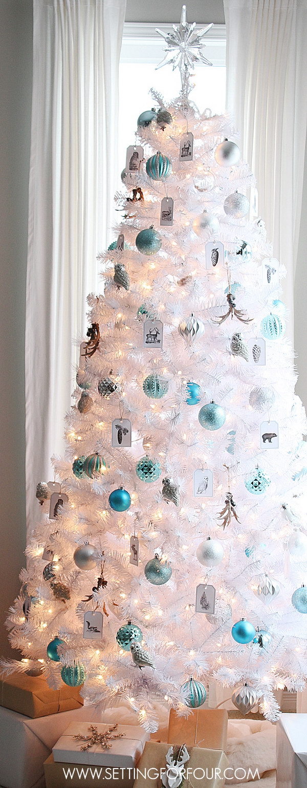 White Christmas Tree with Silver and Blue Ornaments 