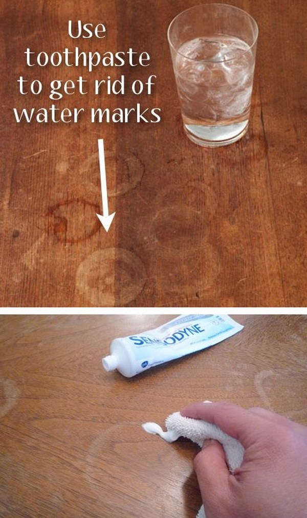How to Remove Water Stain Circles from Wood Furniture. White toothpaste works out well to get rid of the water marks left behind on wood furniture.
