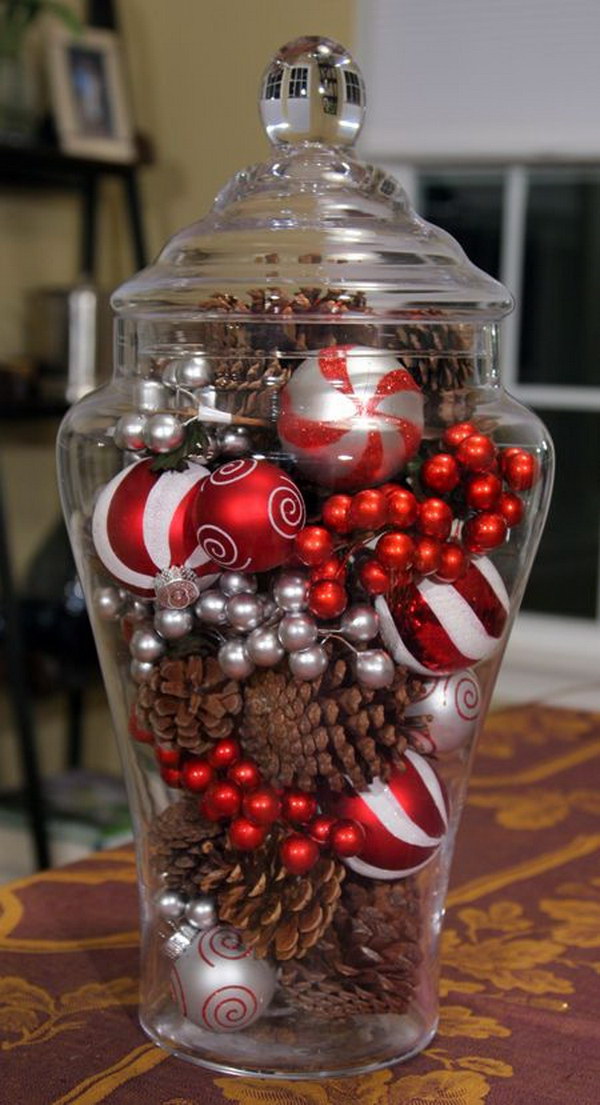 Pine Cones and Ornaments Glass Jar Holiday Centerpiece. 