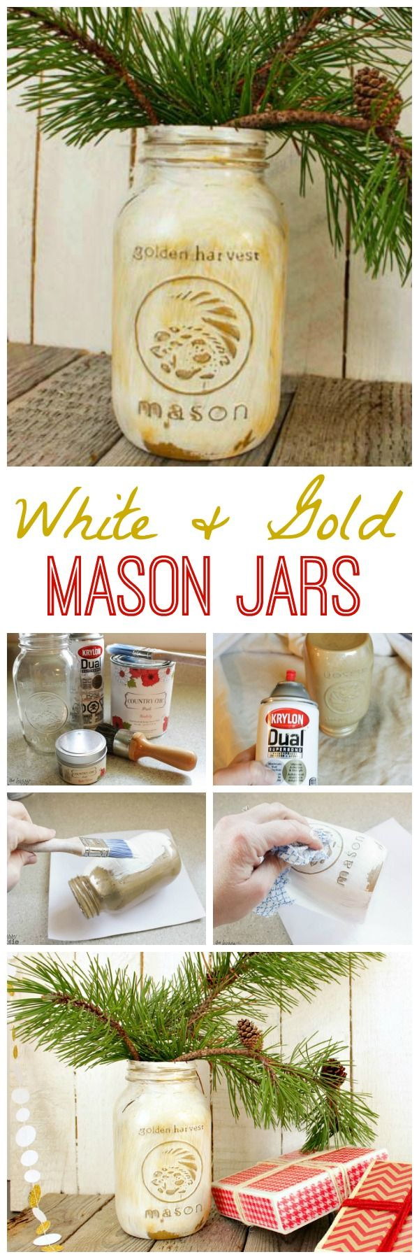 Distressed White & Gold Mason Jars. 