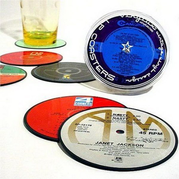 Vintage Record Coasters. These coasters are upcycled from true vinyl lp records. They are a great addition to a living space and make an unique gift for anyone who love music.