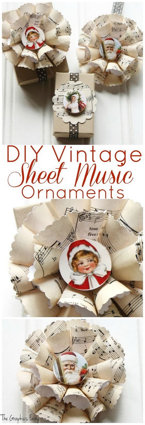 DIY Vintage Sheet Music Christmas Ornaments. 