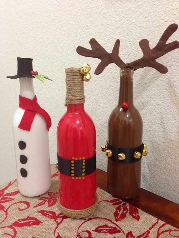 DIY Painted Wine Bottles for Christmas Decoration. 