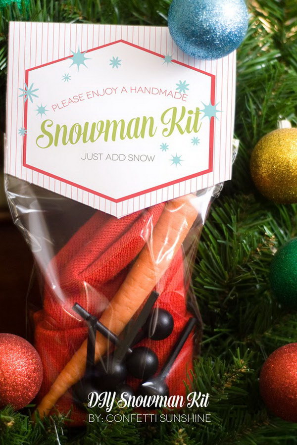 DIY Snowman Kit. Snowman building is really a fun and exciting family winter activity. And for the neighbor gifts, it's thoughtful to make a snowman kit contains everything: wooden bead eyes, a carrot nose, pieces for a mouth, a knit hat and pipe, and more. 