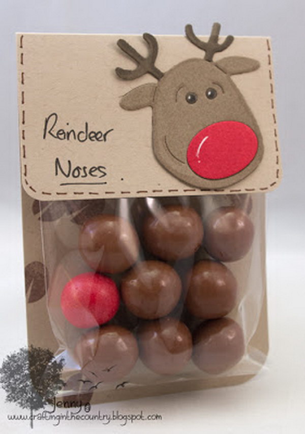 Reindeer Noses. Put chocolate malt balls and one red gumball in a plastic bg for a cute reindeer nose gift.