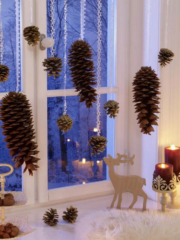 Hang Pinecones for Christmas Window Decorations 