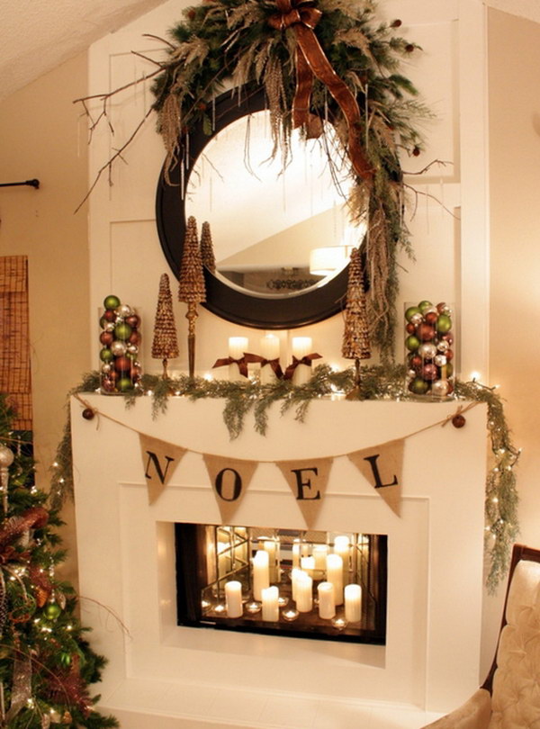 Red Cherry Wreath with Evergreen Garland Draped Across the Mantel 