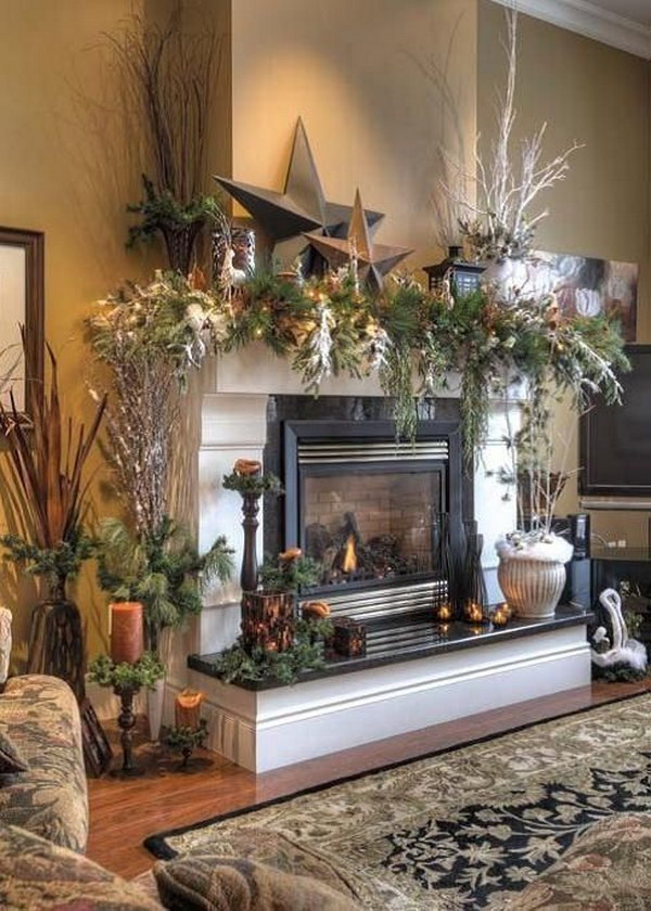 Christmas Mantel With Stars Craft Paper and Lantern and Pines Cones and Leaves 