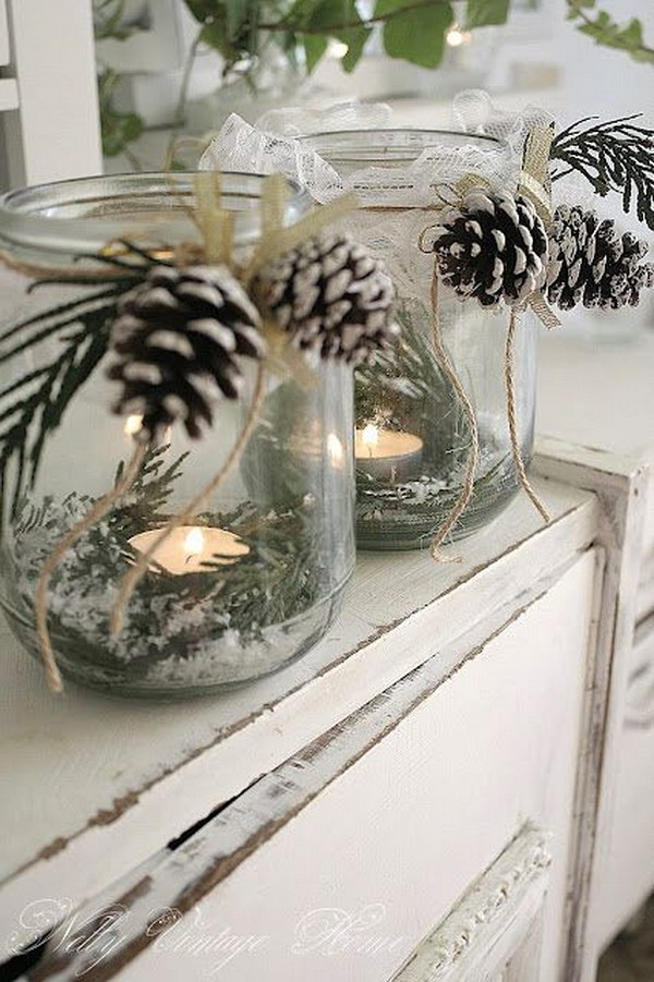 Glass Jar Candle Holders with Fake Snow, Greenery and Pinecones 