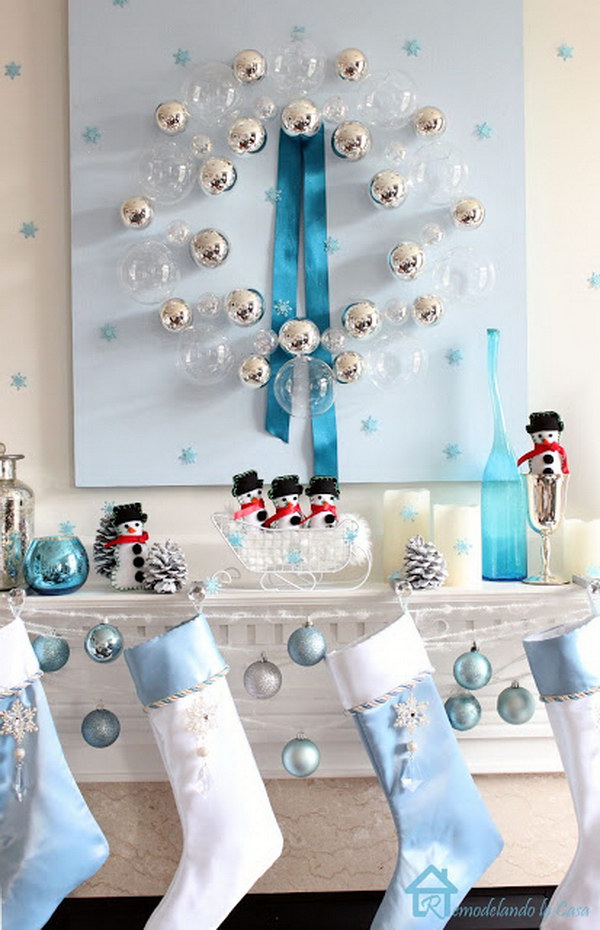 Blue Christmas Mantel with a Bubble Wreath