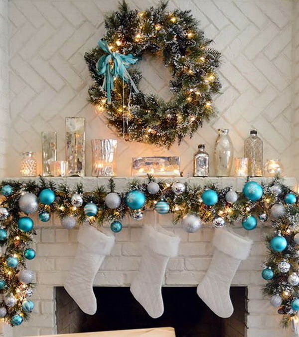 Elegant Christmas Mantel in Turquoise, White And Silver 