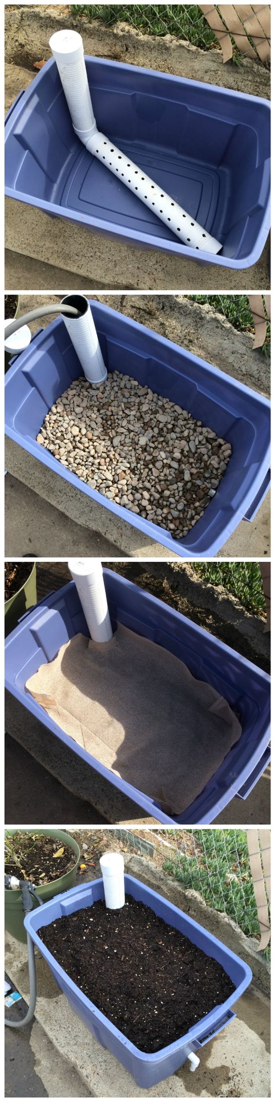DIY Wicking Bed Container Gardening. This is a great idea to ensure less and adequate water for your plants.