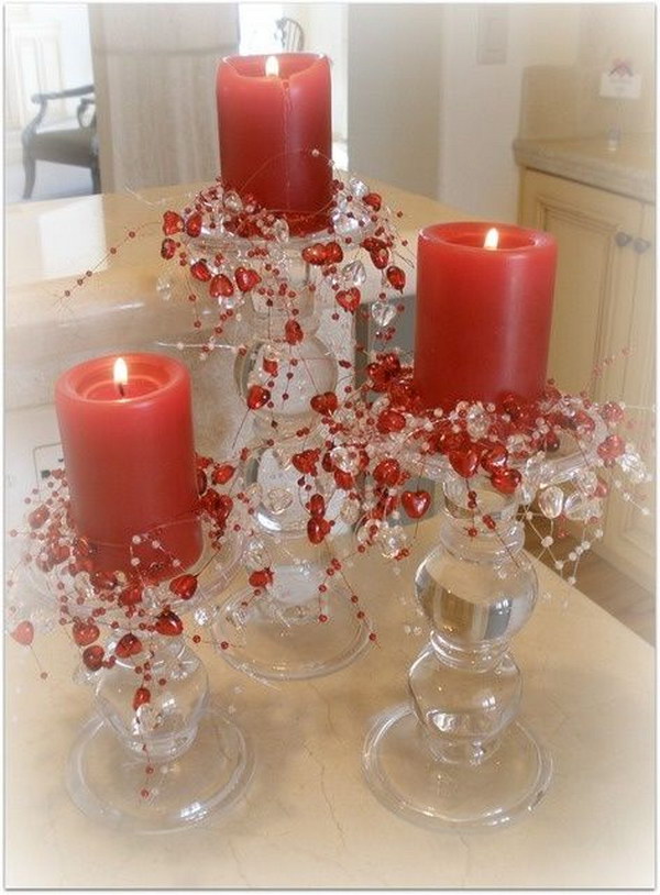 Crystals and Hearts around the Candlesticks for Valentine's Day Decor 