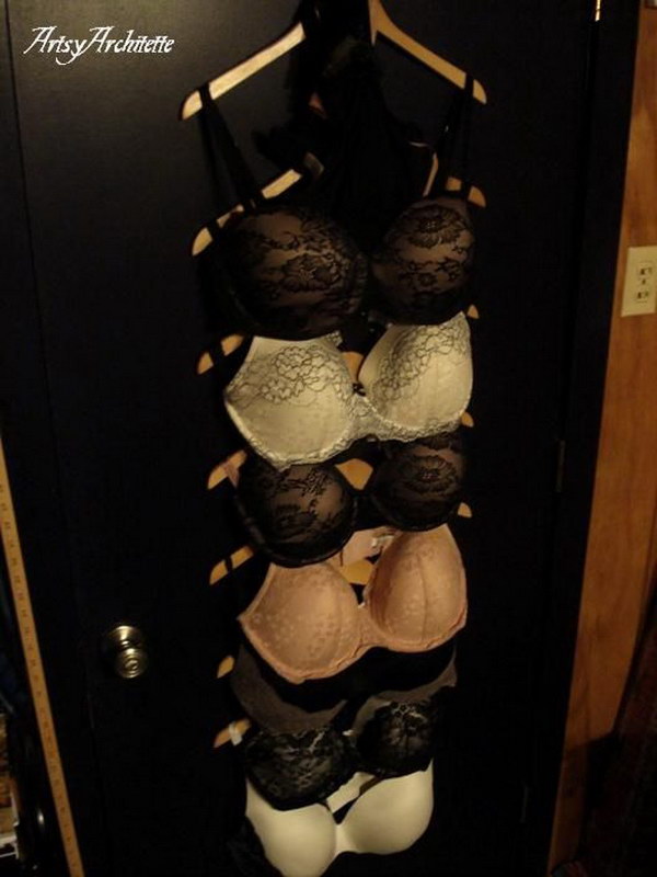 DIY Hanging Bra Organizer. Save storage space and keep your bras in shape by making this bra hanger in your closet.
