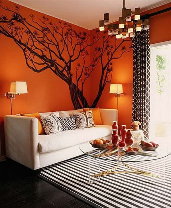 Stricking Orange Painted Living Room. 