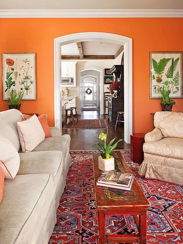 Bold Orange Wall Painting With White Trim. 