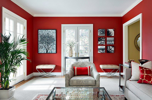 Contemporary Living Room in Red Look. 