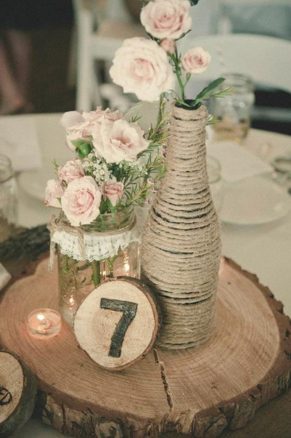 Rustic Lace Covered Mason Jar and Barn Rope Wrapped Glass Bottle Vases Centerpiece 