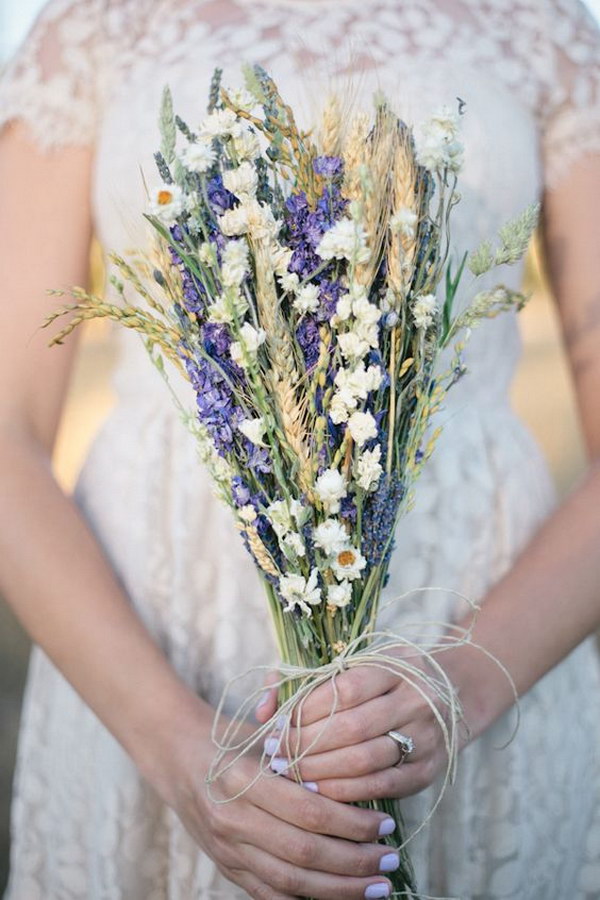 Rustic Lavender Wedding Bouquet Decorated with Wild Flower,  Wheat and Twine
