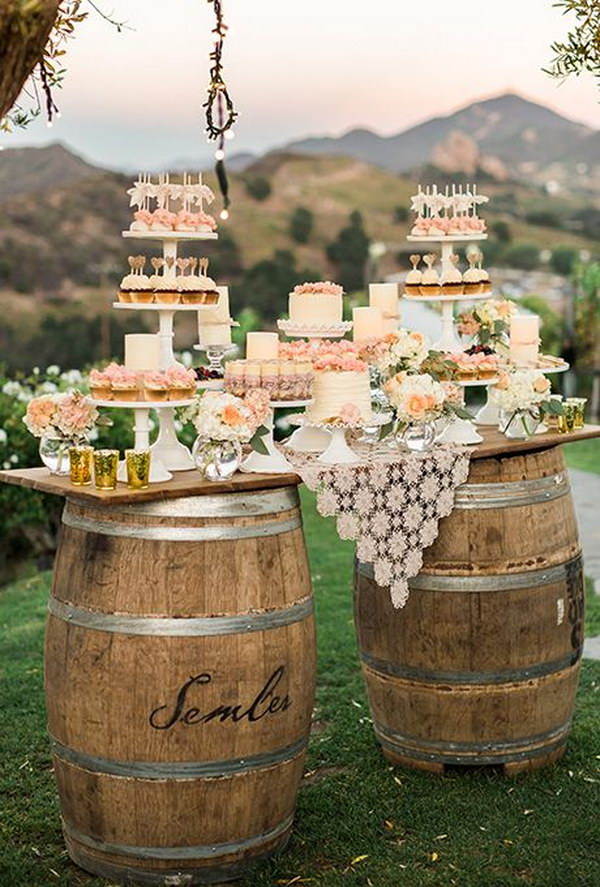 Wine Barrels Wedding Dessert Table 