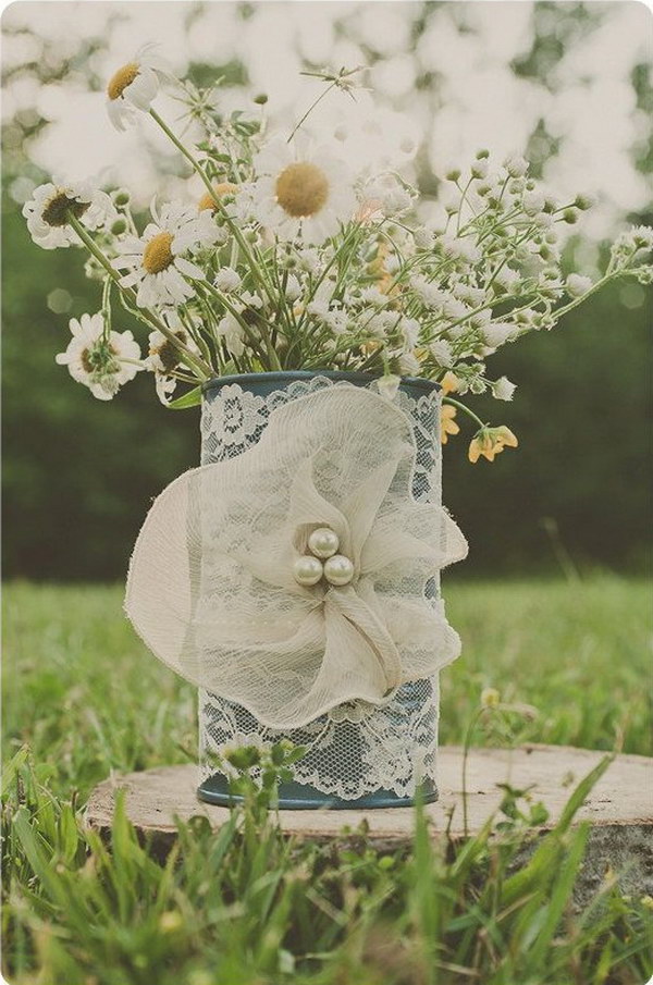 Vintage Ivory and Blue Lace Tin Can Vase 